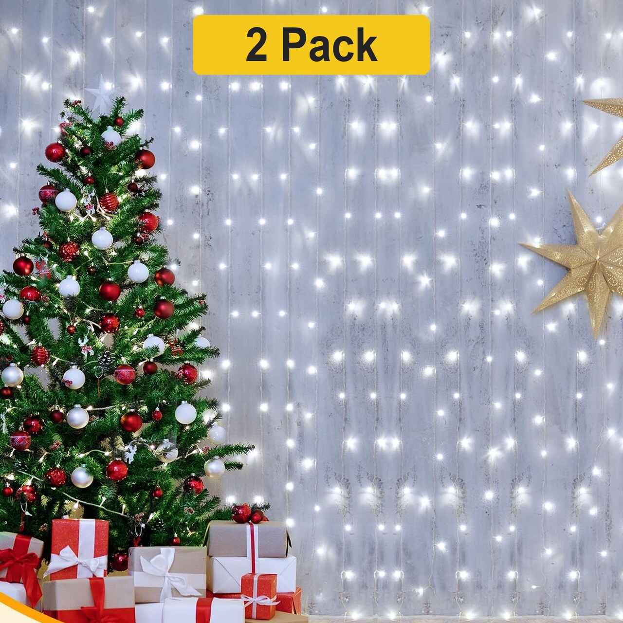 White 200 LED Curtain Lights — Twinkle Fairy String, 8 Modes, Plug-In